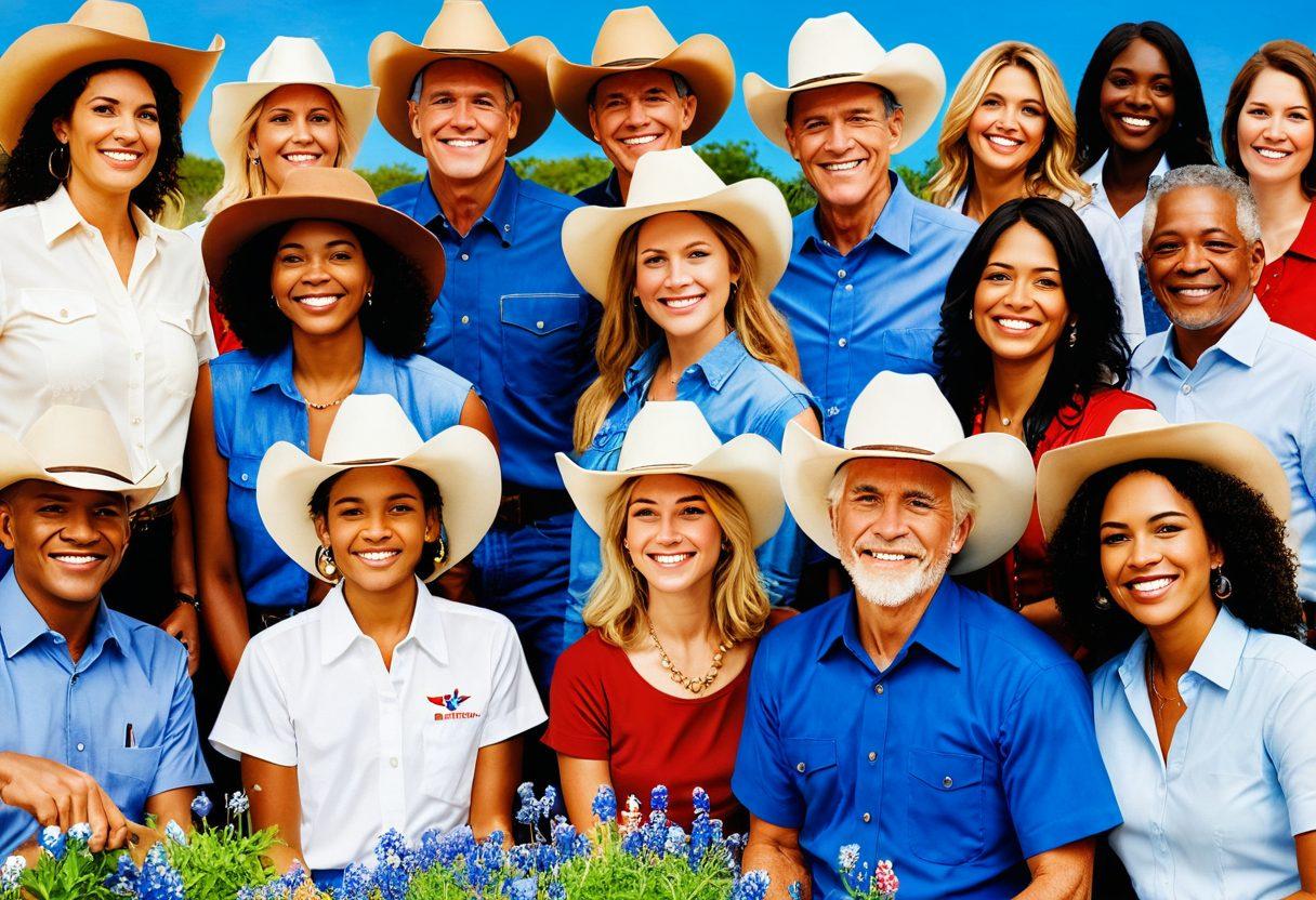 A vibrant collage featuring a diverse group of cheerful Texans of all ages and backgrounds, engaged in various financial activities like budgeting, investing, and community workshops. Incorporate elements of Texas culture, such as cowboy hats, bluebonnets, and the state flag, with warm sunlight and smiles all around, showcasing empowerment and collaboration in financial health. super-realistic. vibrant colors. 3D.