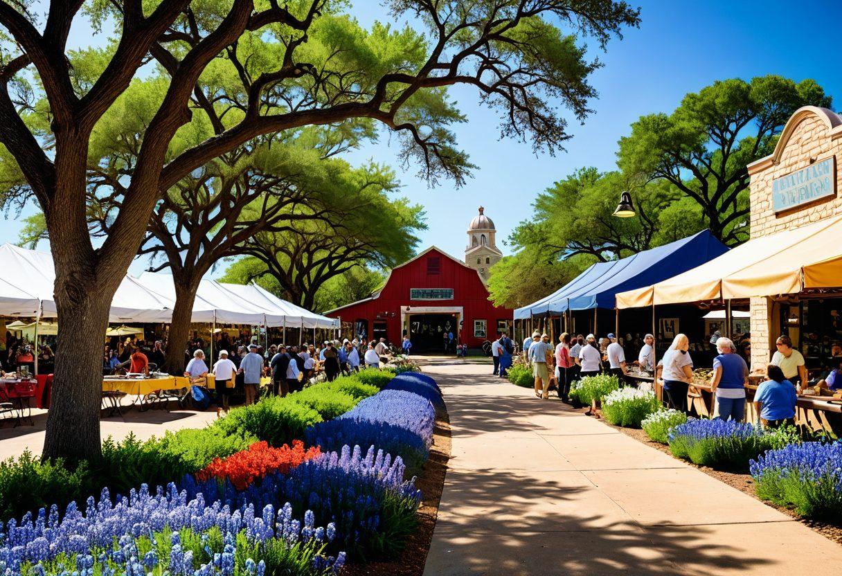 A serene Texas landscape with a thriving community enjoying a vibrant outdoor market, showcasing joyful residents of diverse backgrounds embracing funding solutions like small businesses and family projects. Sunlight filters through the trees, illuminating smiles and collaboration, with a backdrop of iconic Texas landmarks like bluebonnets and rolling hills. The atmosphere conveys prosperity and happiness. vibrant colors. super-realistic.