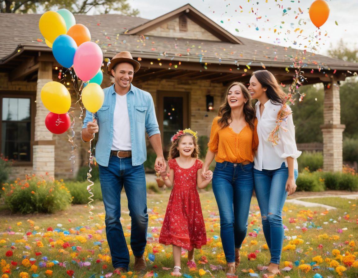 A vibrant Texas landscape featuring a cheerful family celebrating financial success, surrounded by colorful confetti and balloons symbolizing joy. Include elements like credit cards and dollar signs playfully woven into the scene, with a sunny sky and Texas wildflowers to enhance the lively atmosphere. The family should be diverse, representing different cultures. bright colors. playful illustration. cheerful style.